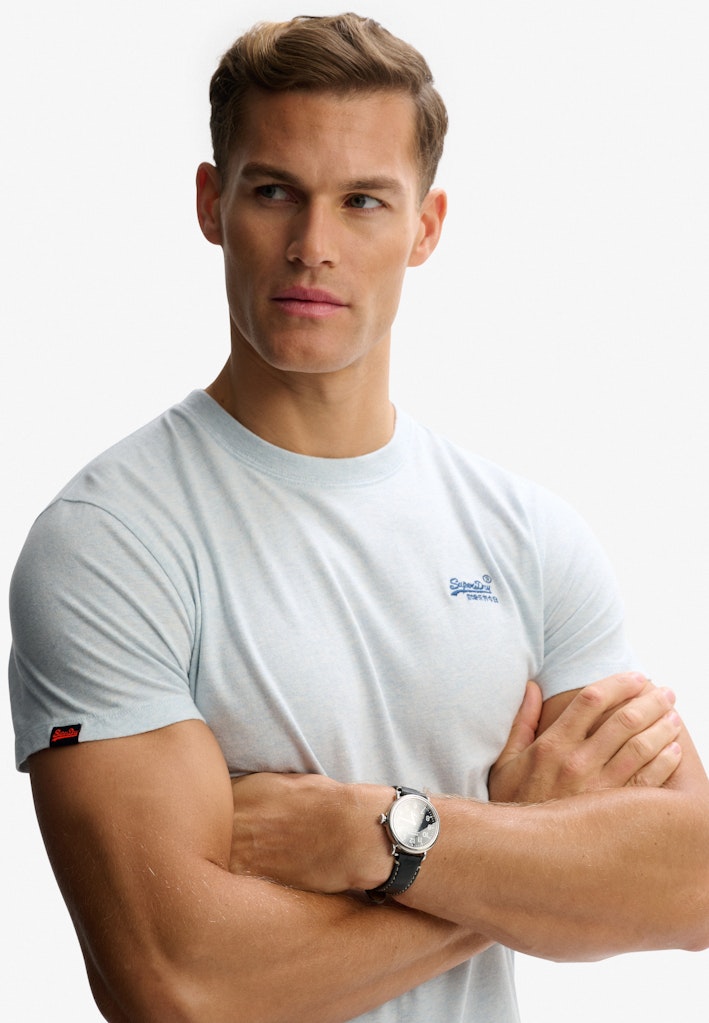 SUPERDRY Essential Logo Emb Tee Icy Blue Marl/Navy front view with chest logo detail