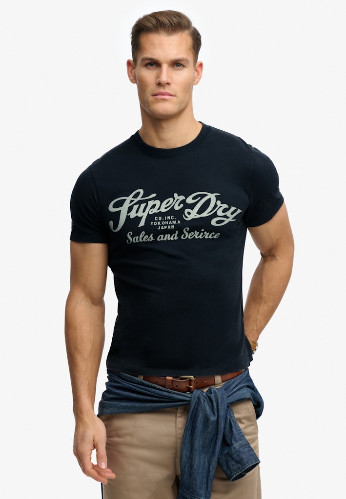 SUPERDRY Industry Worker Relaxed Tee Eclipse Navy front view with logo print