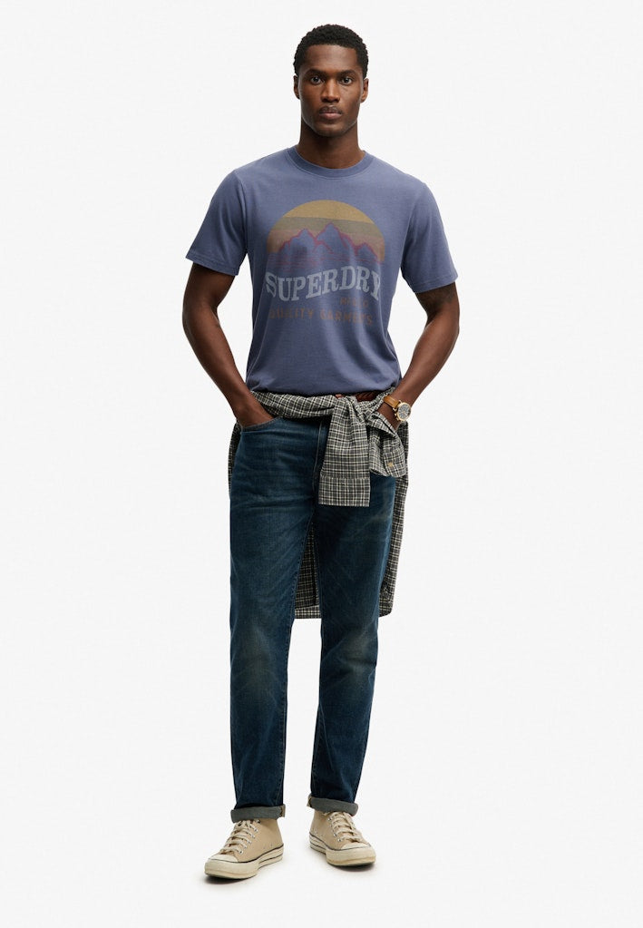 SUPERDRY Outdoors Mountain Rlxd Tee Soft Navy short sleeve front view with graphic print