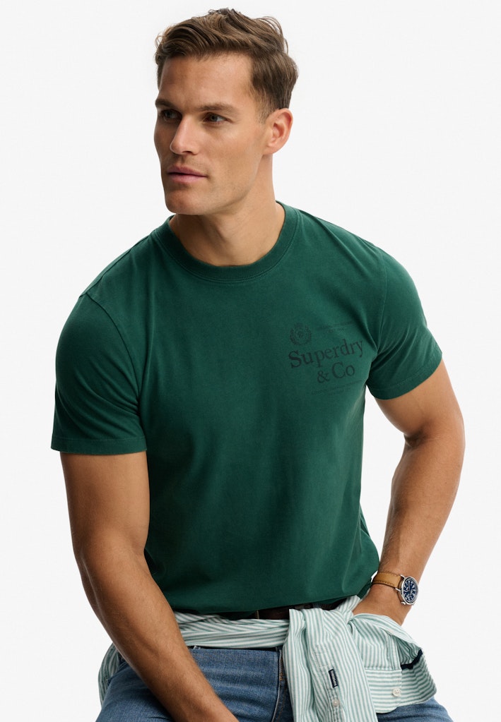 Superdry 1954 Company Relaxed Tee in Varsity Green angled model view