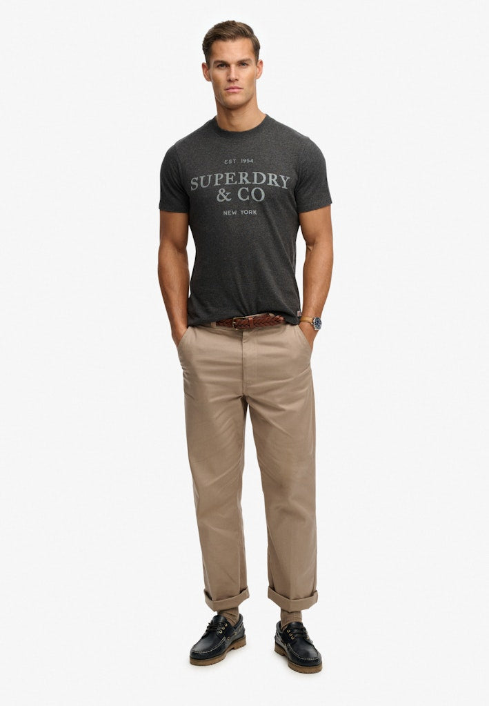 Superdry 1954 Company Relaxed Tee in Light Charcoal Marl full length model view