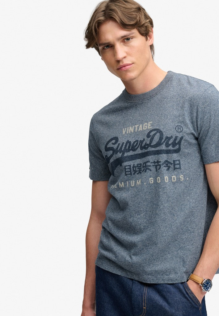 Superdry Vintage Logo Heritage Relaxed Tee in Denim Blue Marl angled model view