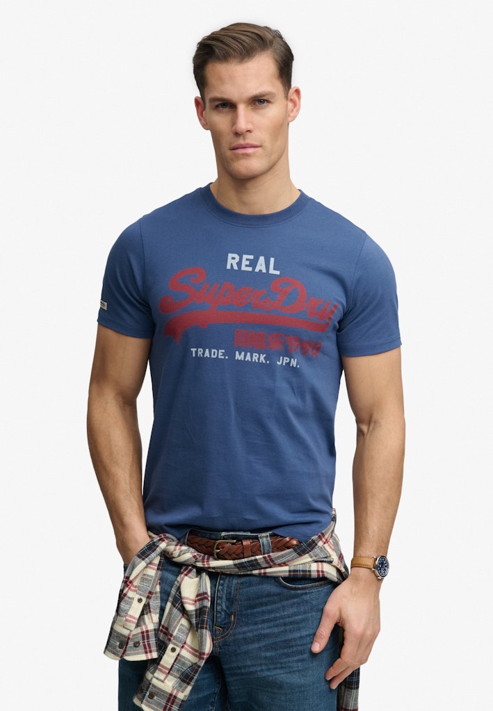 SUPERDRY vintage logo classic tee in hampton blue front view with logo print on chest