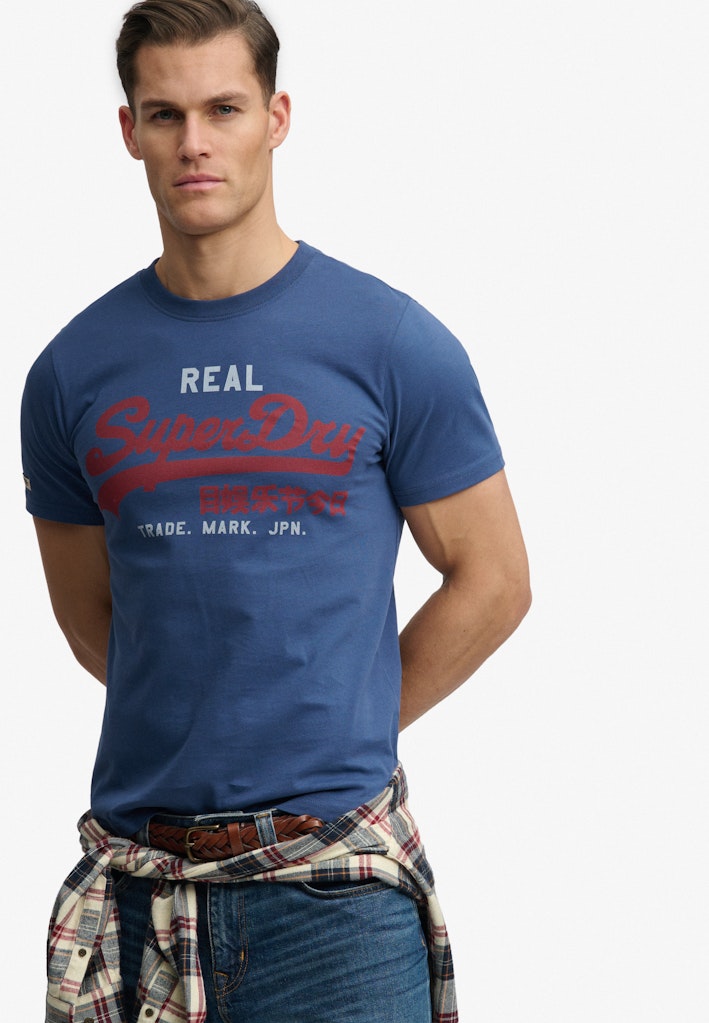 SUPERDRY vintage logo classic tee in hampton blue front view with logo print and short sleeves