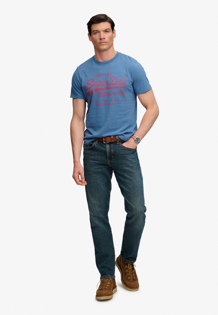 Superdry Vintage Logo Classic Tee in Wedgewood Blue full length model view