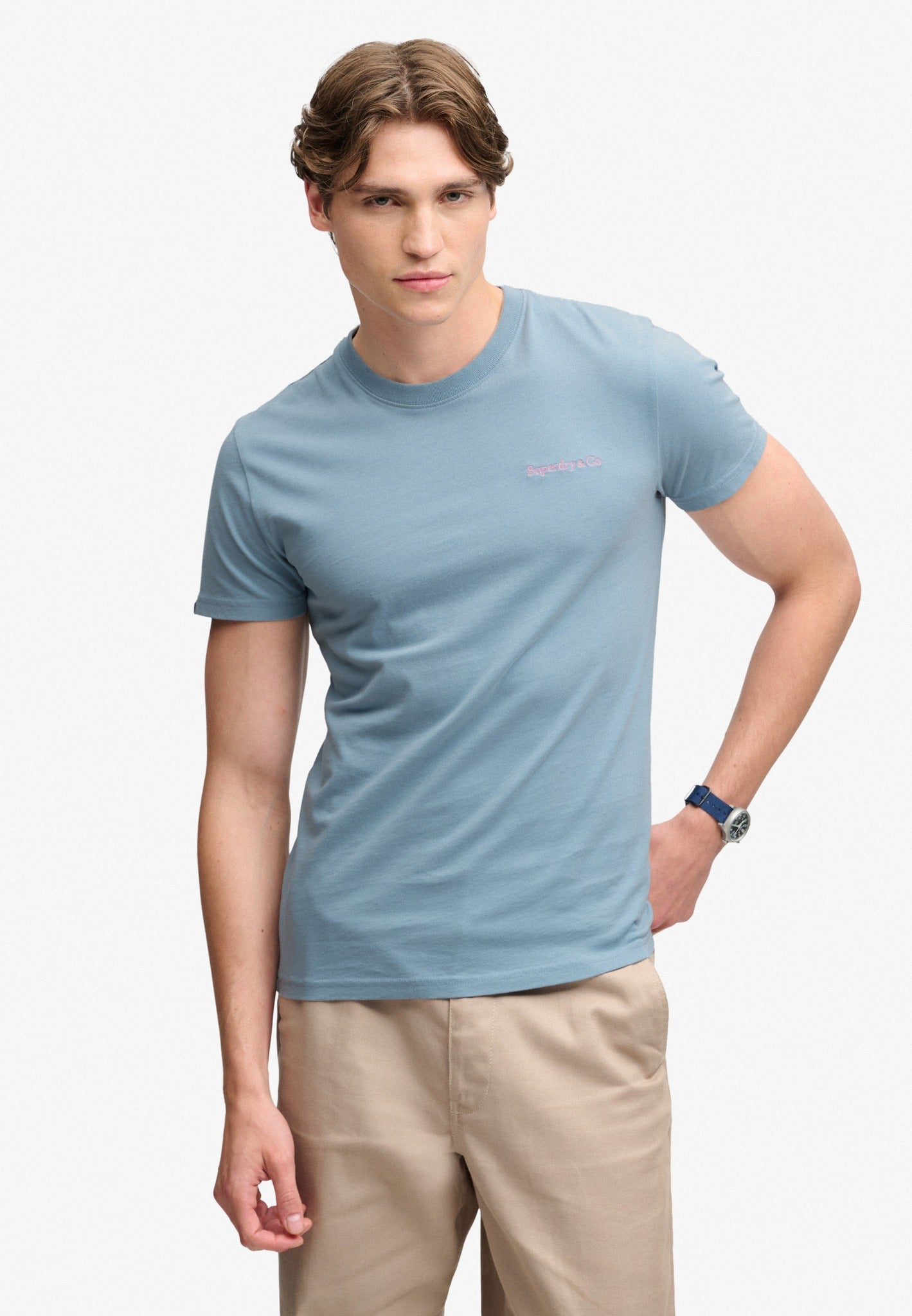 Superdry Essential Company Logo Tee in China Blue/Pink front model view