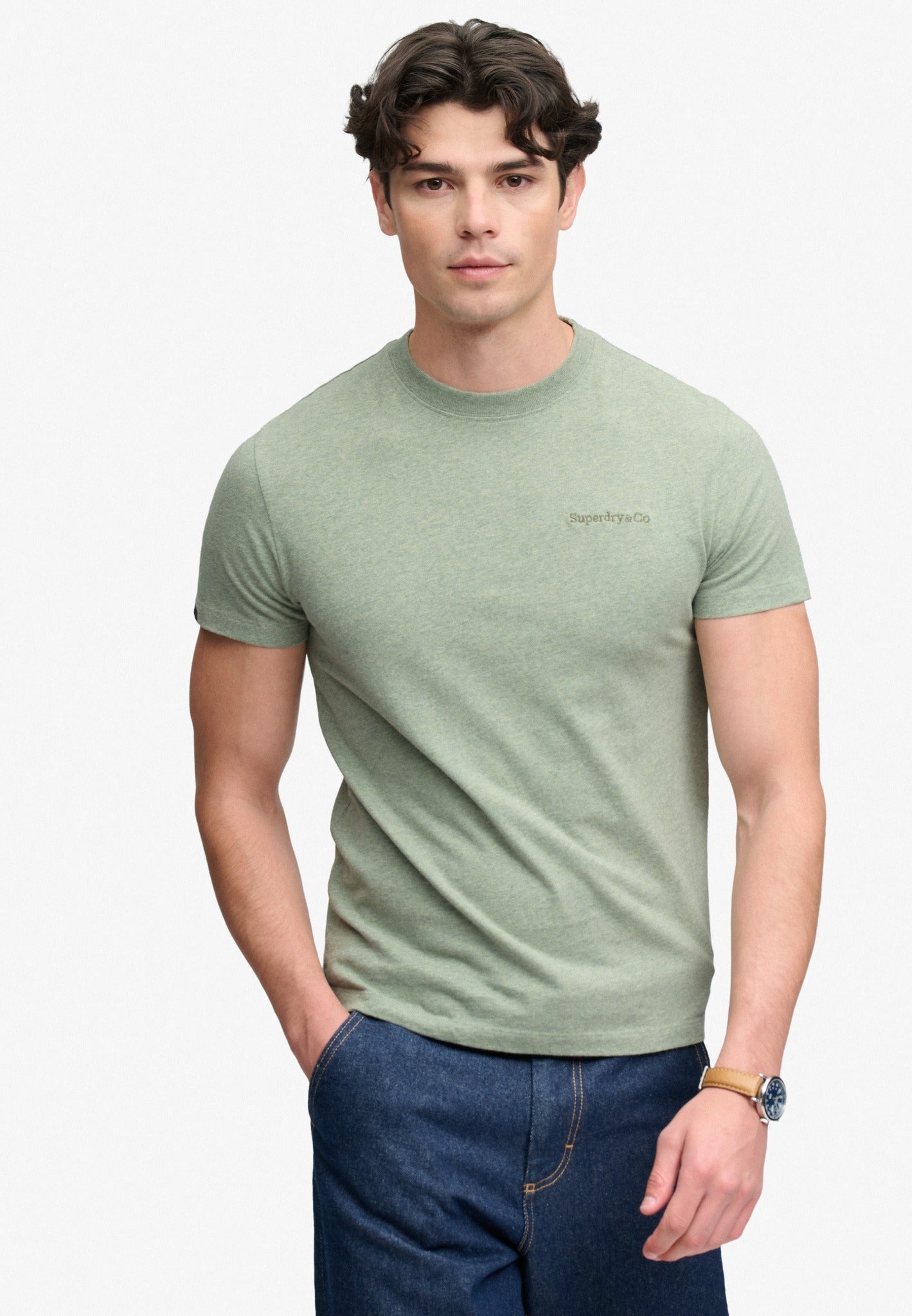 Superdry Essential Company Logo Tee in Vintage Sage Green Marl/Green front model view