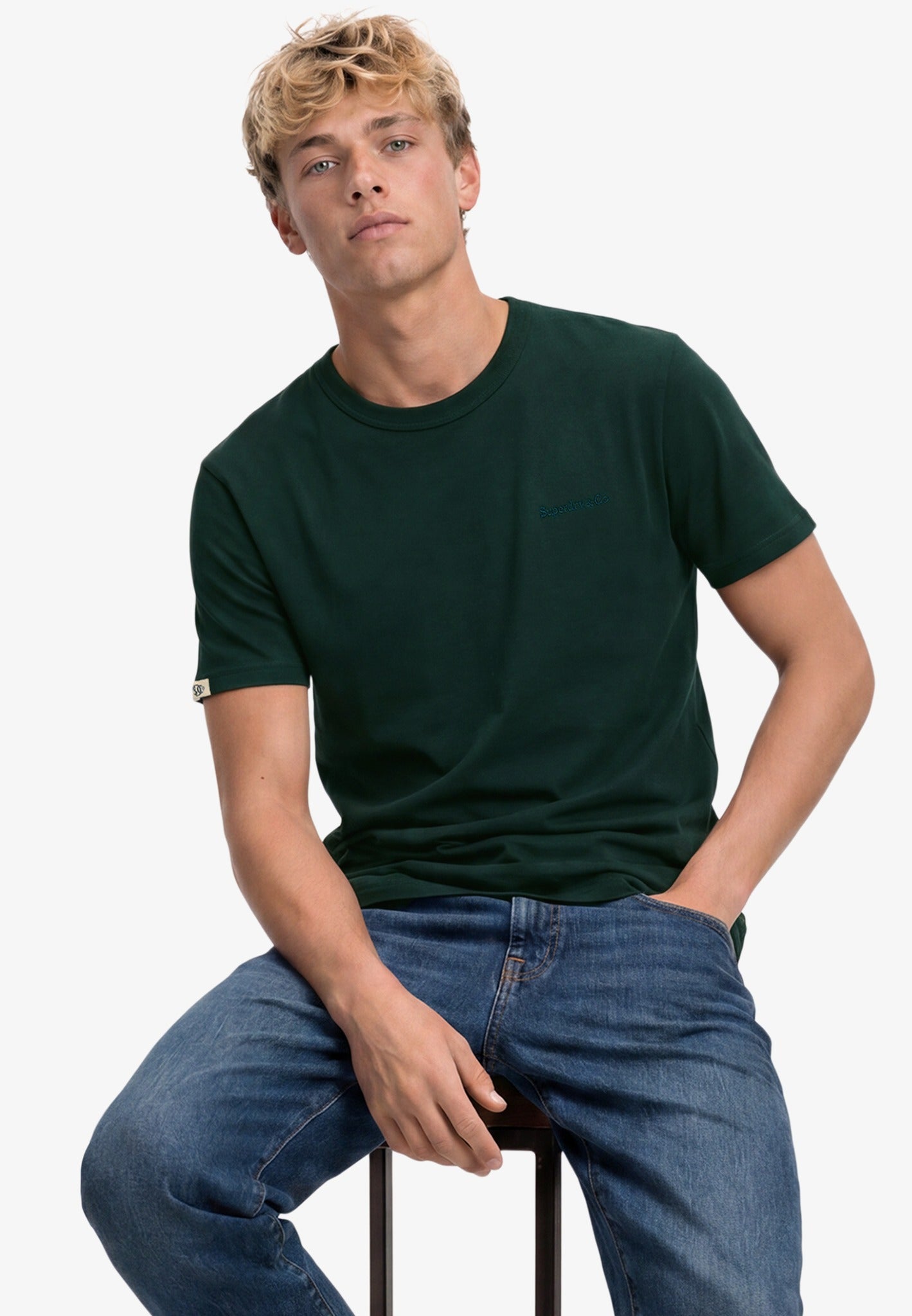 Superdry Essential Company Logo Tee in Forest Green/Deep Green seated model view