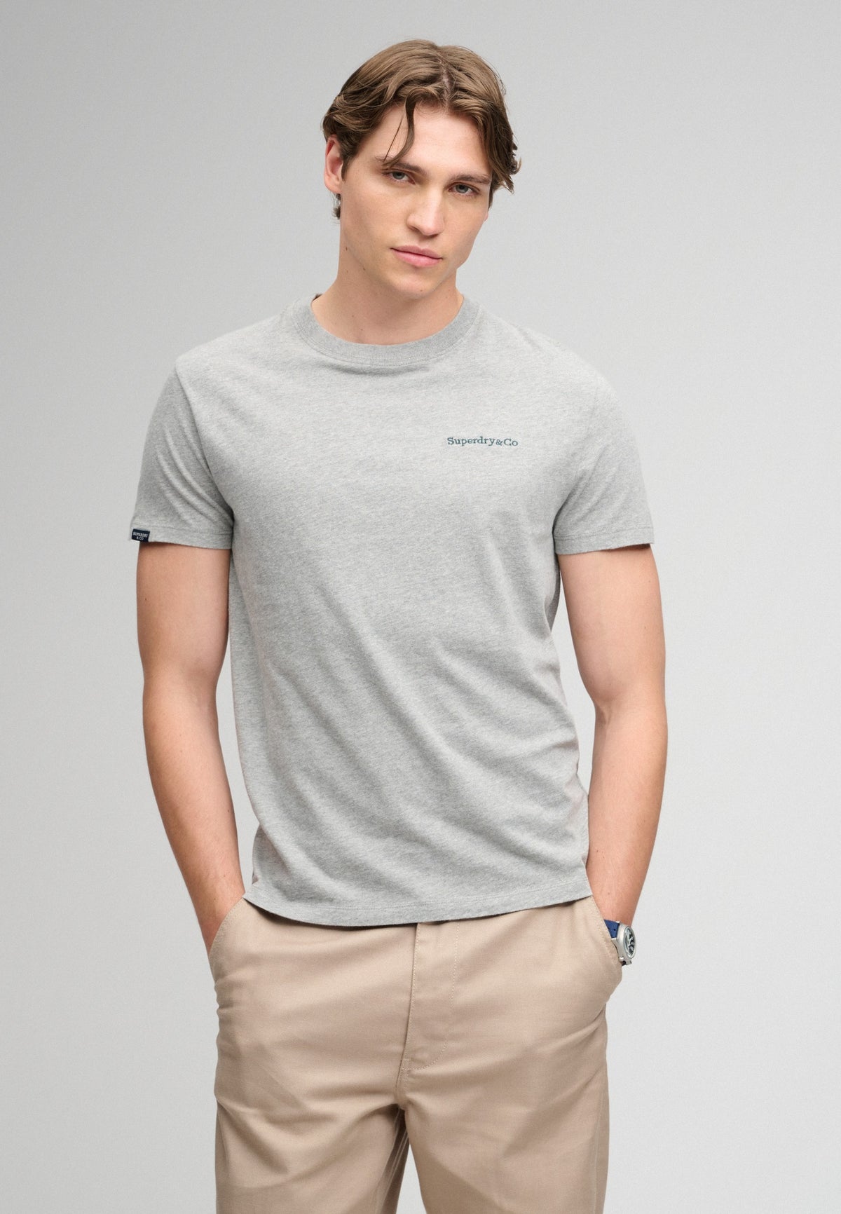 Superdry Essential Company Logo Tee in Sleet Grey Marl/Green on model