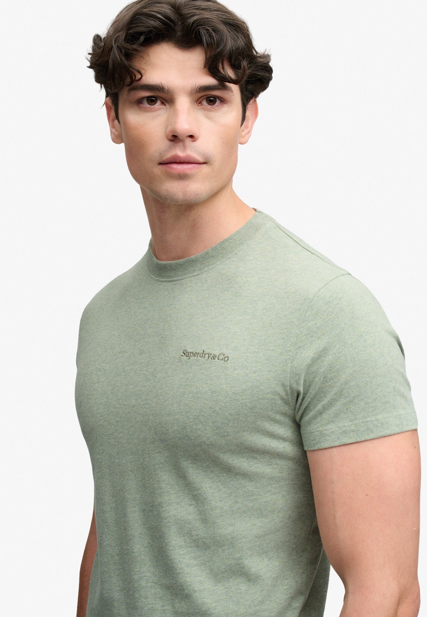 Superdry Essential Company Logo Tee in Vintage Sage Green Marl/Green angled model view