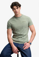 Superdry Essential Company Logo Tee in Vintage Sage Green Marl/Green seated model view