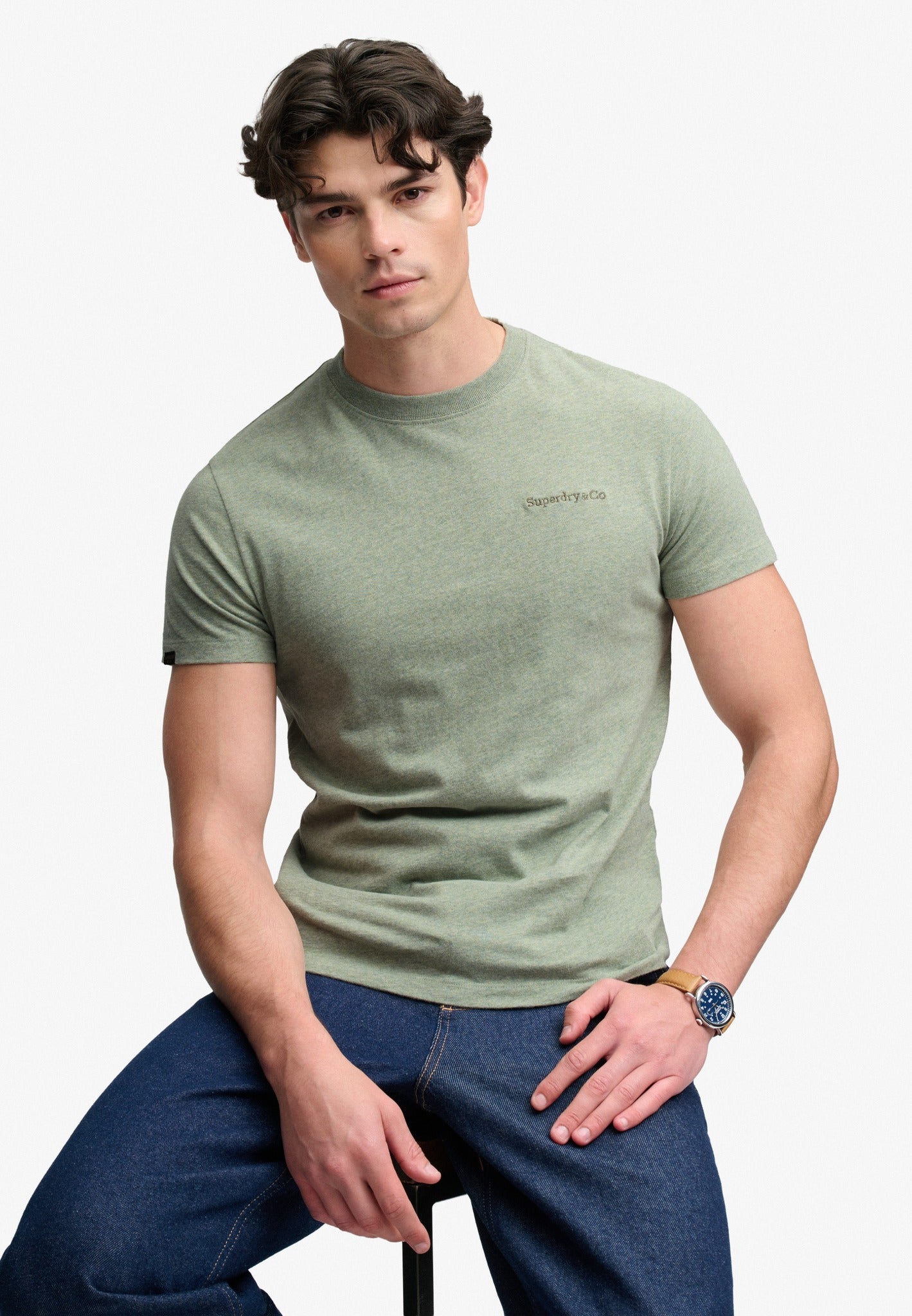 Superdry Essential Company Logo Tee in Vintage Sage Green Marl/Green seated model view