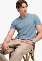 Superdry Essential Company Logo Tee in China Blue/Pink angled model view