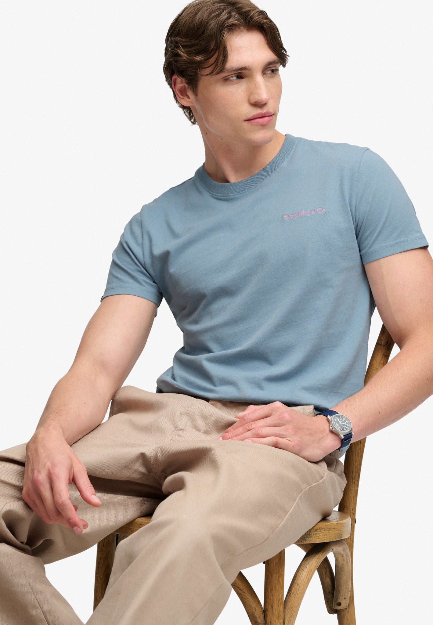 Superdry Essential Company Logo Tee in China Blue/Pink angled model view