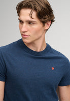 Superdry Essential Logo embroidered T-shirt in Deep Sea Blue Marl/Orange close-up model front