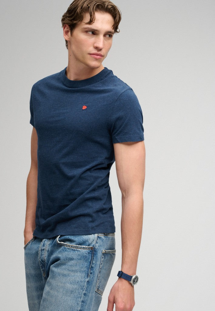 Superdry Essential Logo embroidered T-shirt in Deep Sea Blue Marl/Orange three-quarter model view