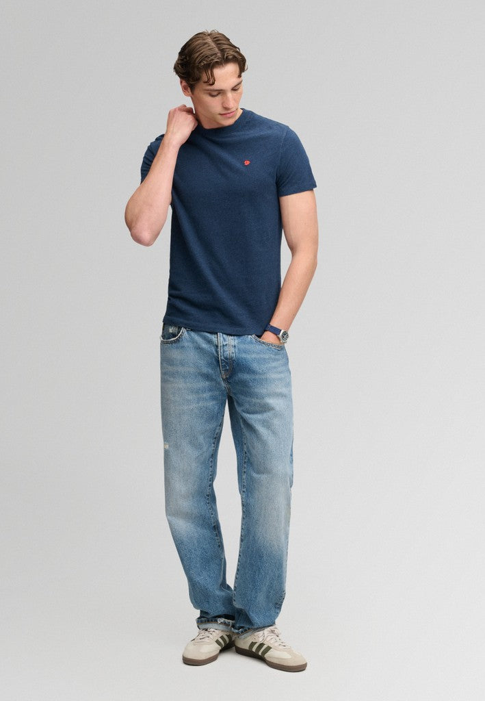 Superdry Essential Sdco Logo Embroidered Tee in Deep Sea Blue Marl/Orange full length model view