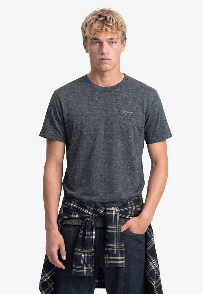 Superdry Essential Stacked Logo Embroidered Tee in Eclipse Navy/Grey Feeder/Grey front model view
