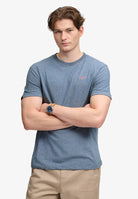 Superdry Essential Stacked Logo Embroidered Tee in Bay Blue Marl/Pink front model view