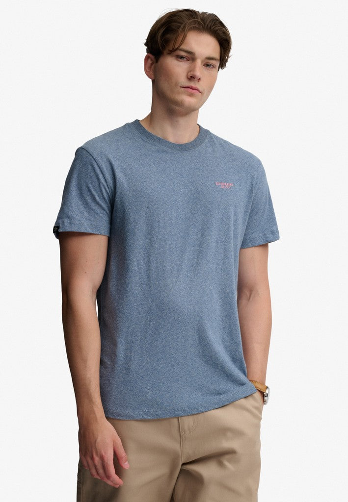 Superdry Essential Stacked Logo Embroidered Tee in Bay Blue Marl/Pink angled model view