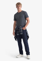 Superdry Essential Stacked Logo Embroidered Tee in Eclipse Navy/Grey Feeder/Grey full length model view