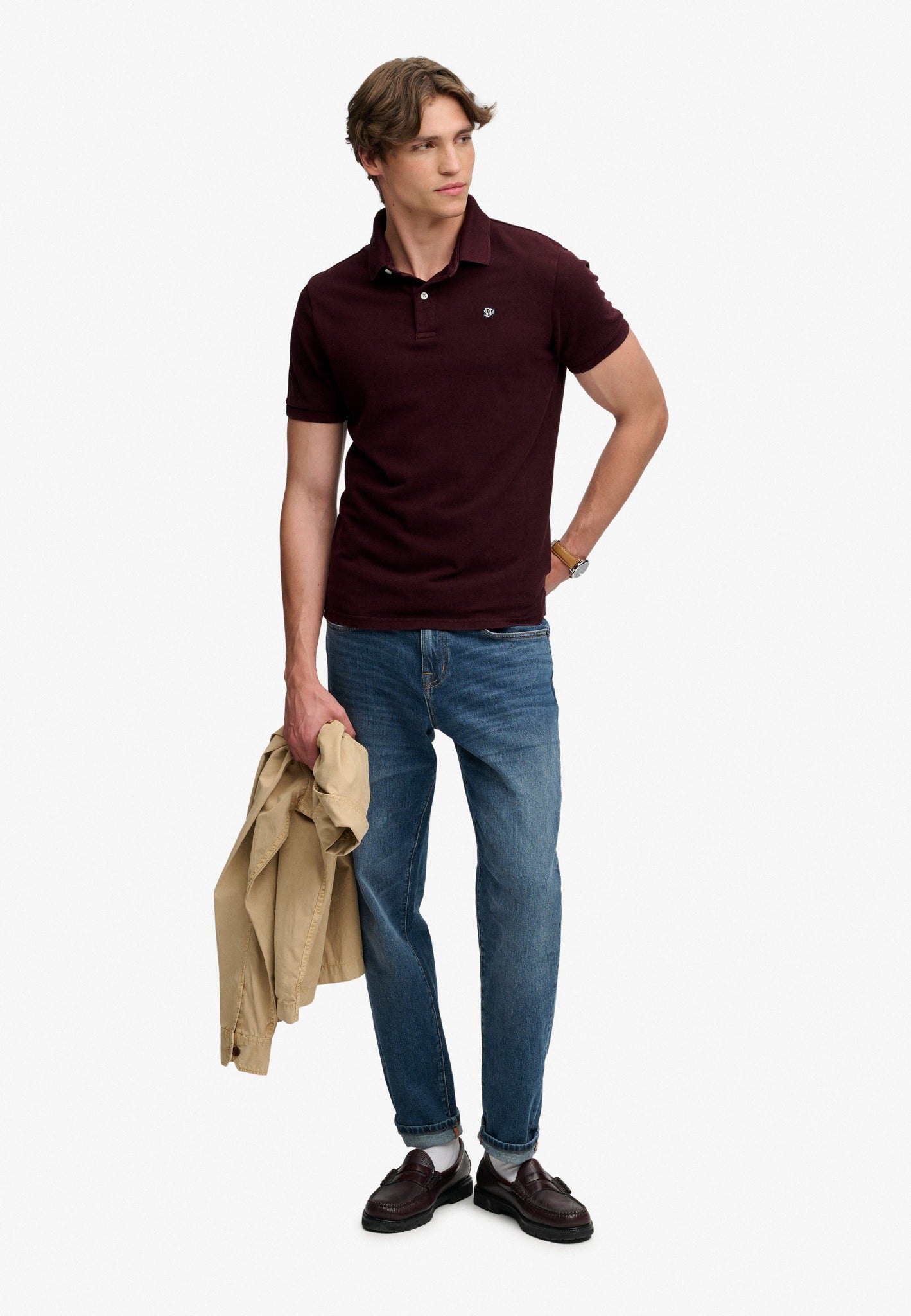 Superdry Vintage Destroy Polo in Winter Port full length model view