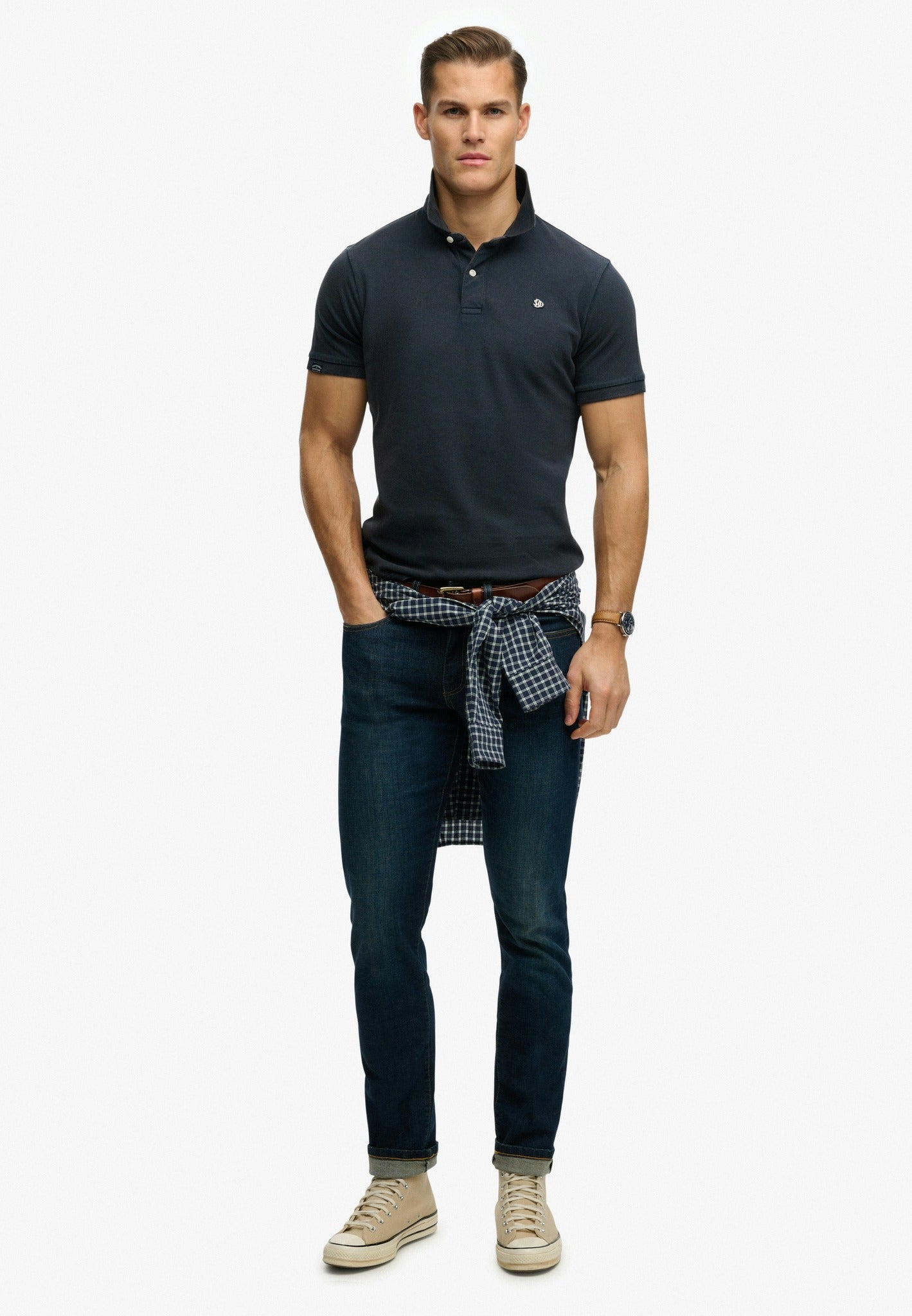 Superdry Vintage Destroy Polo in Eclipse Navy full length model view