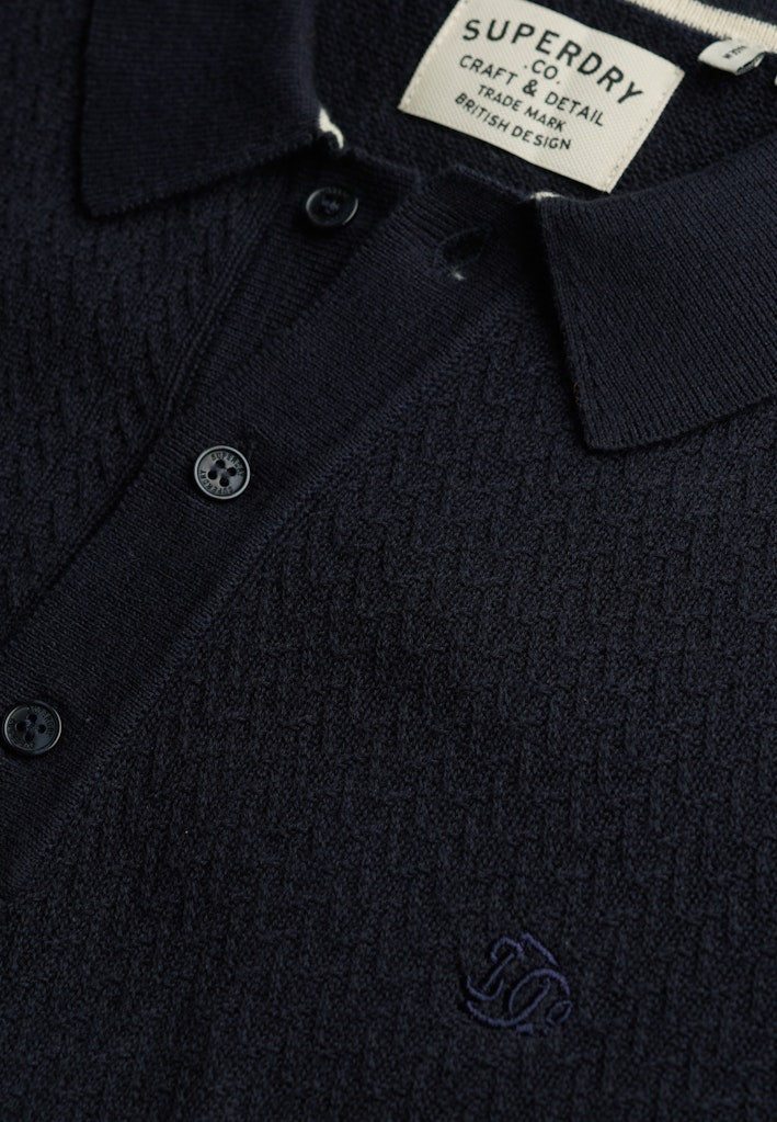 SUPERDRY Knitted Texture S/s Polo Classic Navy Stag front buttons and collar detail