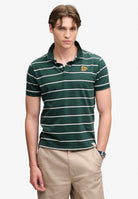 Superdry Vintage Stripe Jersey Polo in Green/Navy Stripe on model