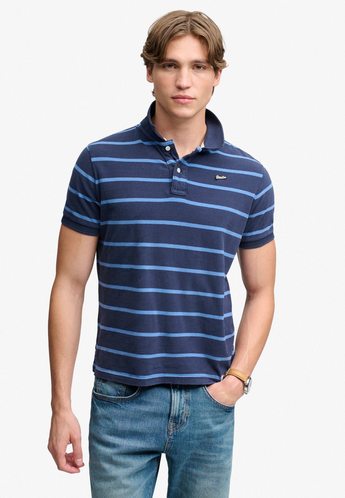 Superdry Vintage Stripe Jersey Polo in Navy Blue Stripe on model