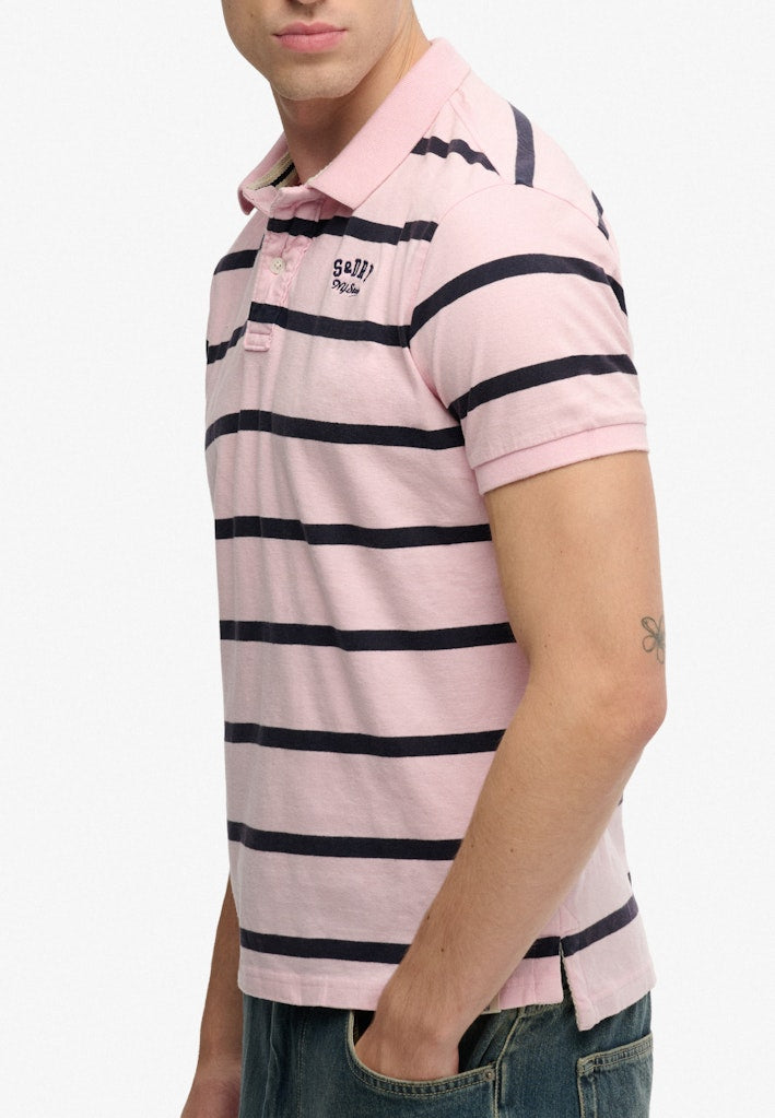 SUPERDRY Vintage Stripe Jersey Polo pink navy stripe side view with collar and sleeve detail