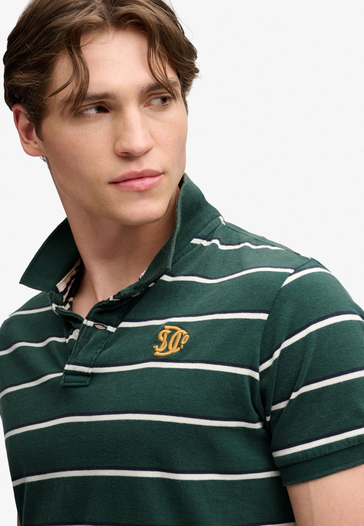 Superdry Vintage Stripe Jersey Polo in Green/Navy Stripe upper body view