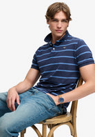Superdry Vintage Stripe Jersey Polo in Navy Blue Stripe close-up detail