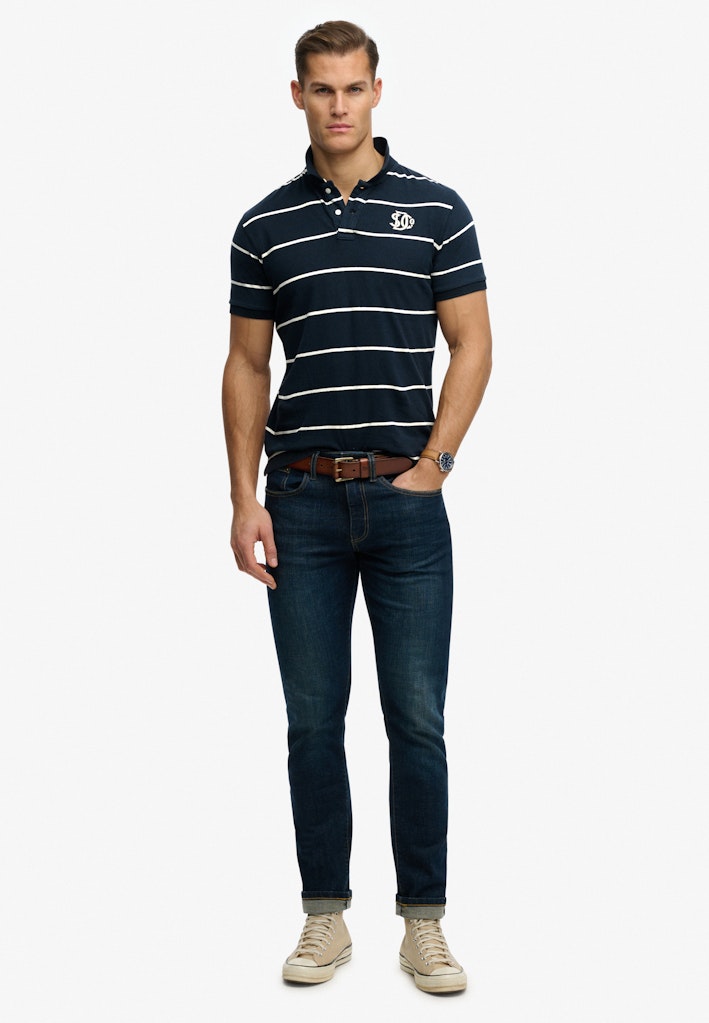 SUPERDRY Vintage Stripe Jersey Polo navy stripe short sleeve front view