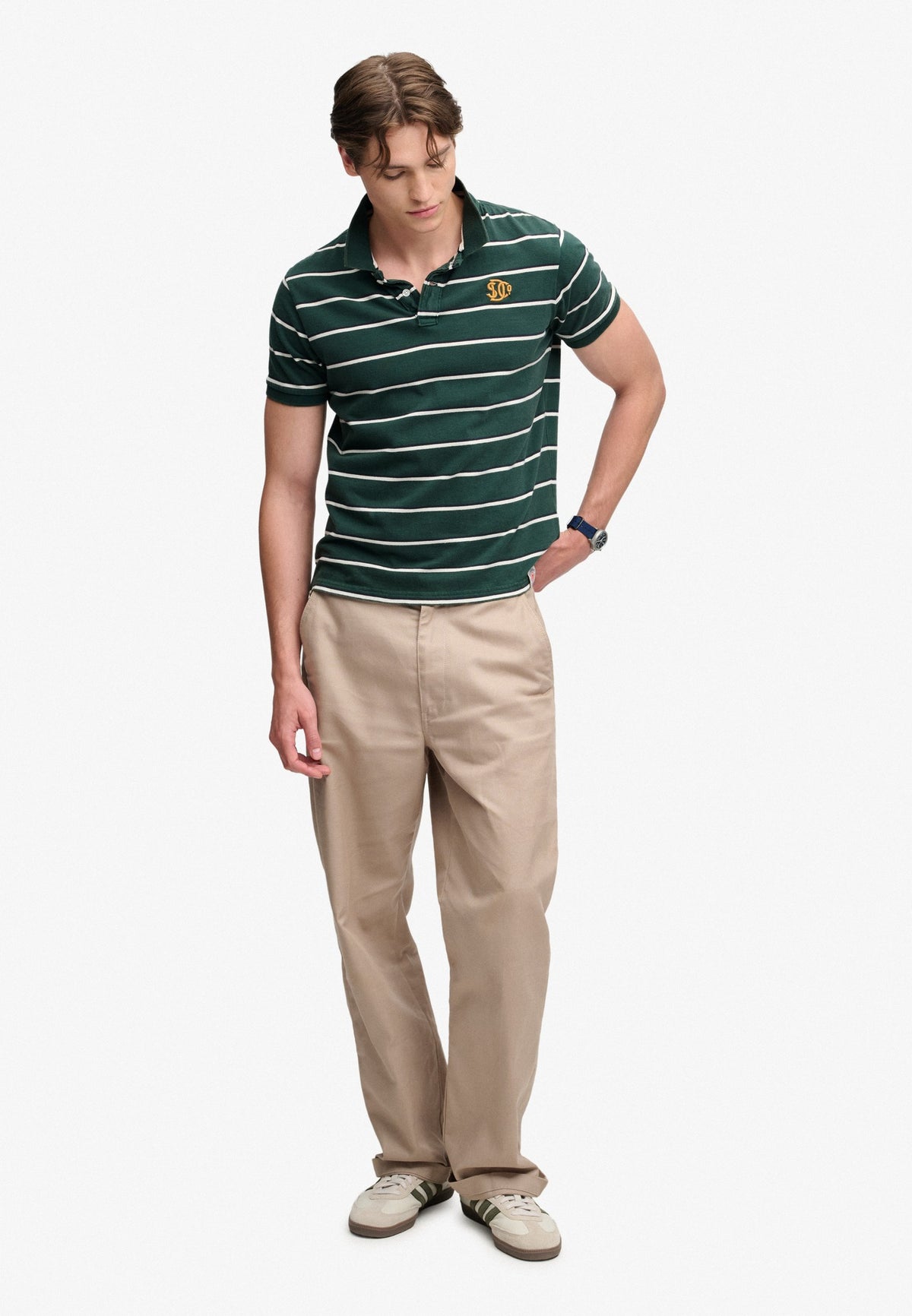 Superdry Vintage Stripe Jersey Polo in Green/Navy Stripe side view