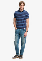 Superdry Vintage Stripe Jersey Polo in Navy Blue Stripe full length view
