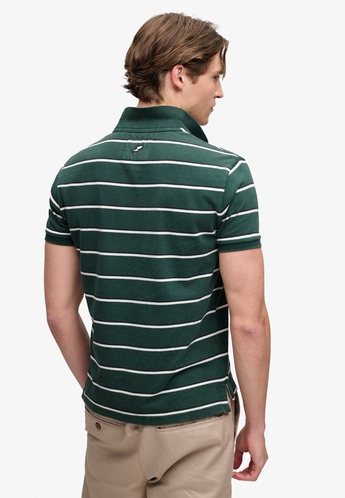 Superdry Vintage Stripe Jersey Polo in Green/Navy Stripe back view on model