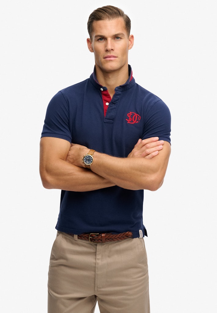 SUPERDRY Pique Monogram Polo-Darkest Navy/red Darkest Navy/Red front view