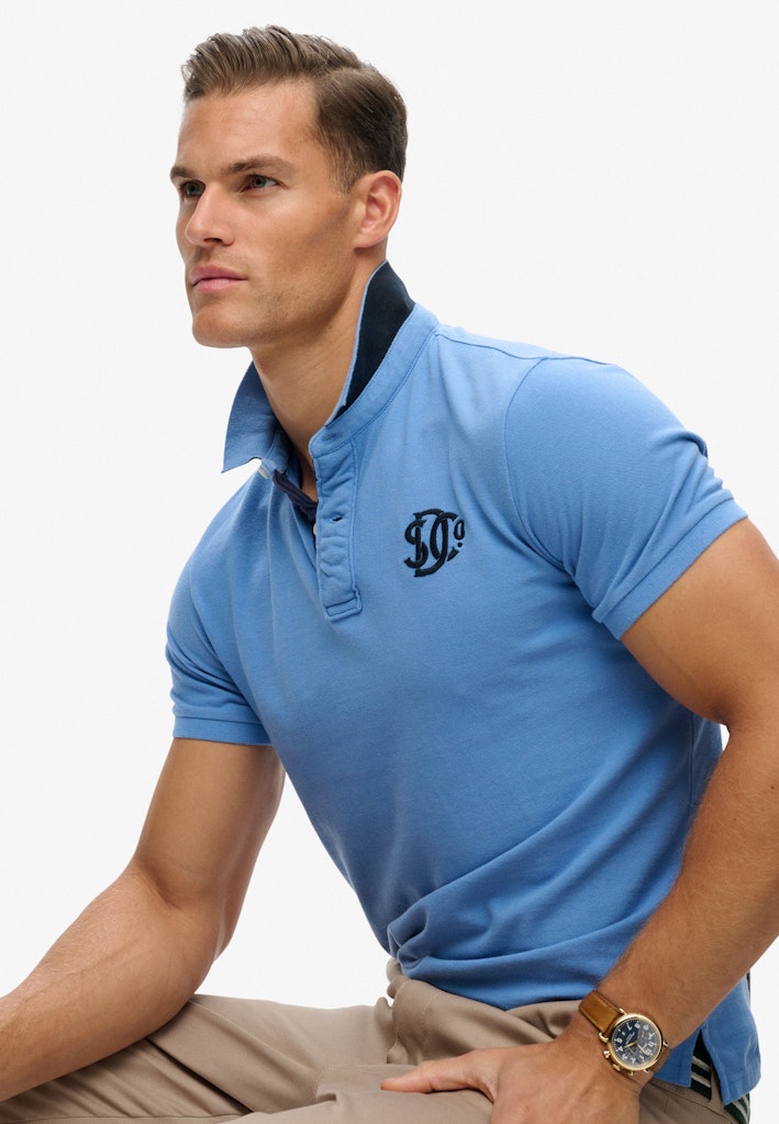 SUPERDRY Pique Monogram Polo Deep Blue Wave Eclipse Navy short sleeve front detail