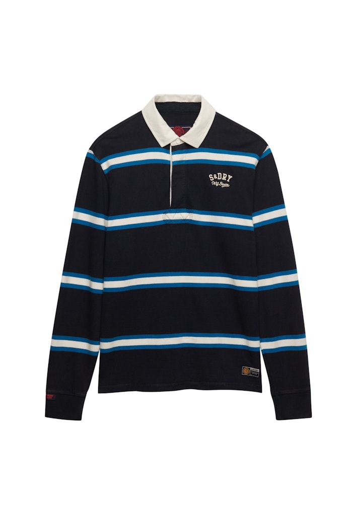 Superdry Vintage Athletic Stripe Rugby in Navy Stripe angled view