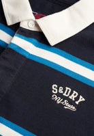 Superdry Vintage Athletic Stripe Rugby in Navy Stripe collar and logo detail