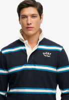 Superdry Vintage Athletic Stripe Rugby in Navy Stripe half model view