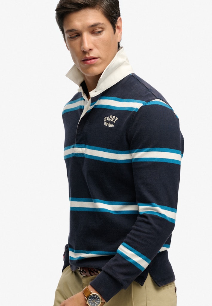 Superdry Vintage Athletic Stripe Rugby in Navy Stripe angled model view