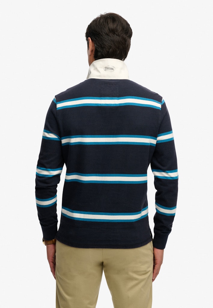 Superdry Vintage Athletic Stripe Rugby in Navy Stripe back model view