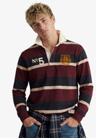 Superdry Double Emblem Stripe Rugby in Port/Navy Stripe upper body view