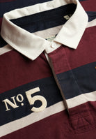 Superdry Double Emblem Stripe Rugby in Port/Navy Stripe collar and stripe detail
