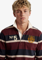 Superdry Double Emblem Stripe Rugby in Port/Navy Stripe on model