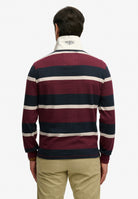 Superdry Double Emblem Stripe Rugby in Port/Navy Stripe back view on model