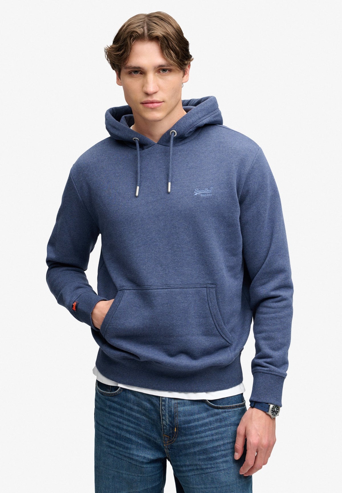 Superdry Essential Logo Hoodie Hb in Sailor Blue Marl on model