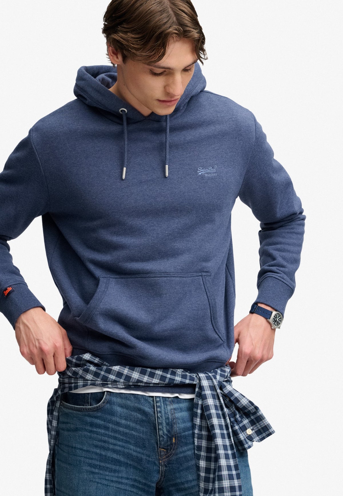 Superdry Essential Logo Hoodie Hb in Sailor Blue Marl on model angled view